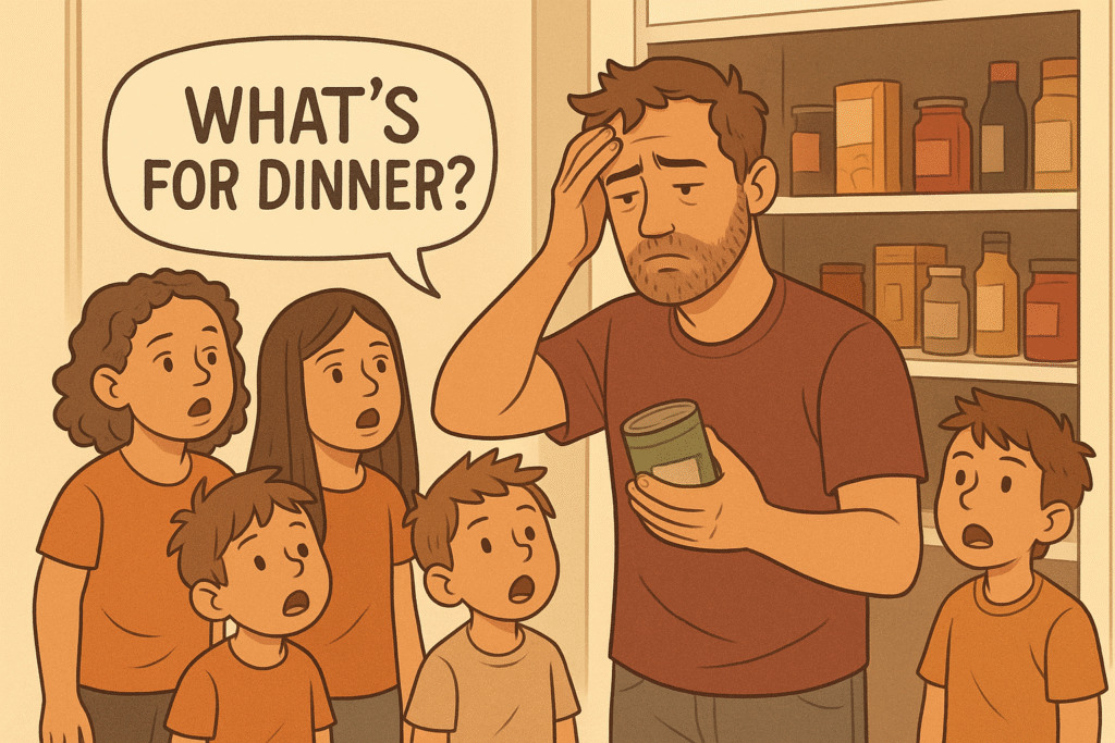 Illustration of a stressed father holding a can in front of a pantry, surrounded by six kids asking ‘What’s for dinner?’ in unison. The wall clock has been removed, keeping focus on the family scene.