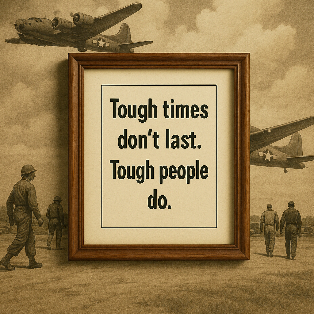 A framed quote reading 'Tough times don't last. Tough people do.' hangs in front of a sepia-toned WWII airfield scene with bomber planes and soldiers.