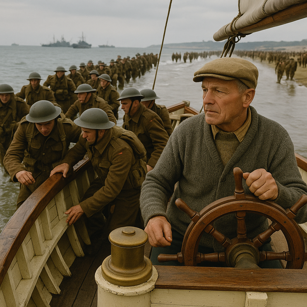 A middle-aged civilian in a flat cap pilots a wooden boat packed with weary British soldiers during the Dunkirk evacuation, with long lines of troops wading through shallow surf under gray skies.