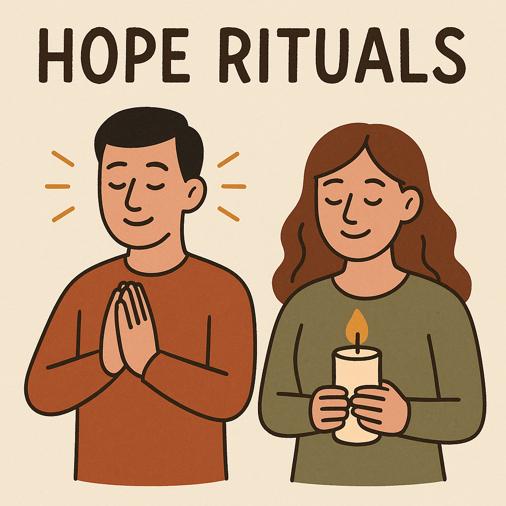 A minimalist illustration of two calm individuals practicing 'Hope Rituals'—one in a meditative pose and the other holding a candle—against a soft beige background.