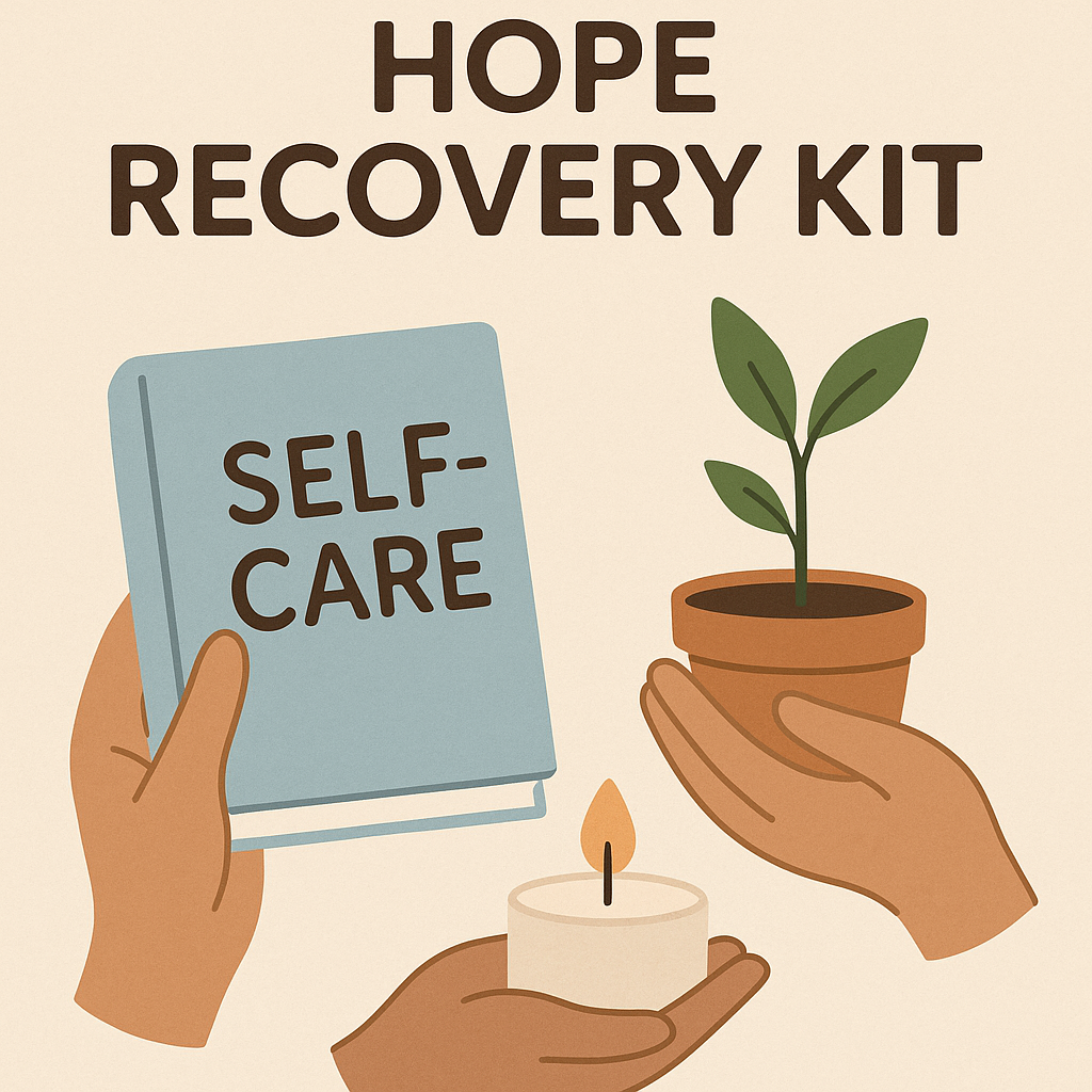 Minimalist illustration of hands holding self-care items— a book labeled 'SELF-CARE', a potted plant, and a lit candle—under the heading 'Hope Recovery Kit' on a beige background.