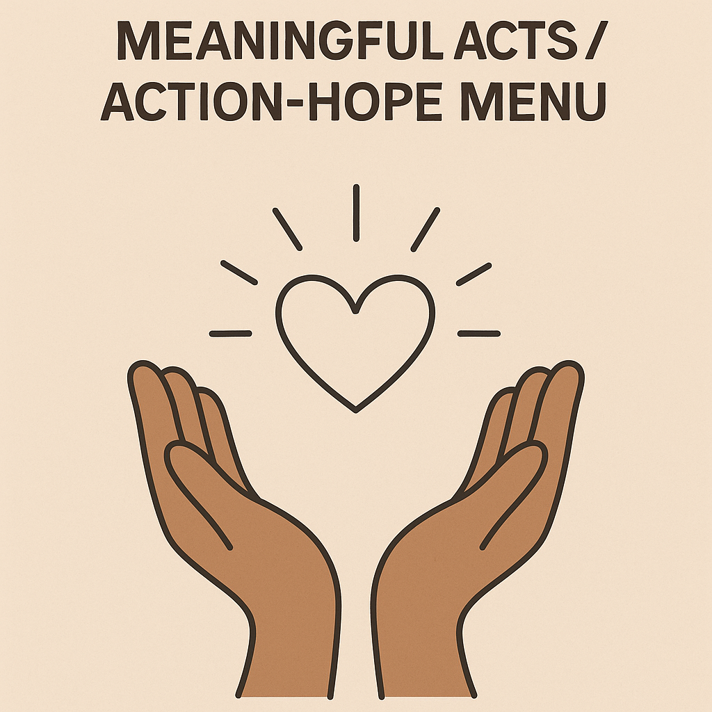 Minimalist illustration of two open hands holding a glowing heart with light rays, under the heading 'Meaningful Acts / Action-Hope Menu' on a beige background.