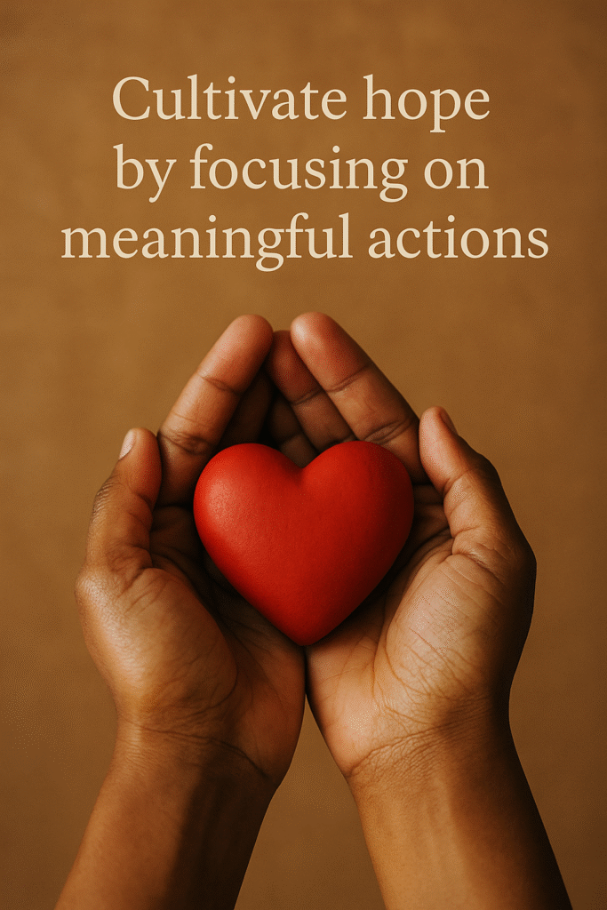 Photograph of dark-skinned hands gently holding a red heart against a warm brown background, with the text 'Cultivate hope by focusing on meaningful actions' in soft white serif font above.