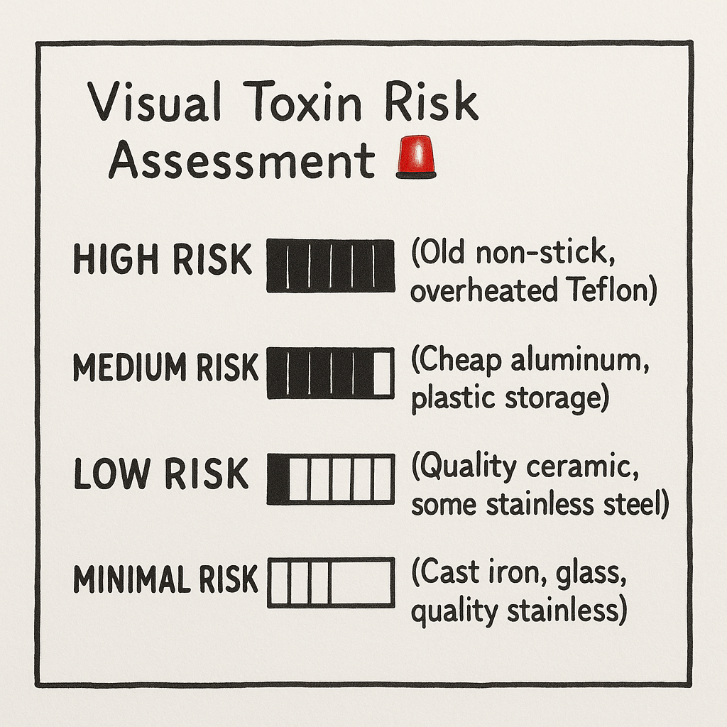A clean, bold bar chart labeled βVisual Toxin Risk Assessmentβ displaying four levels of cookware toxicity risk with examples: HIGH (old non-stick), MEDIUM (cheap aluminum, plastic), LOW (quality ceramic), and MINIMAL (cast iron, glass).