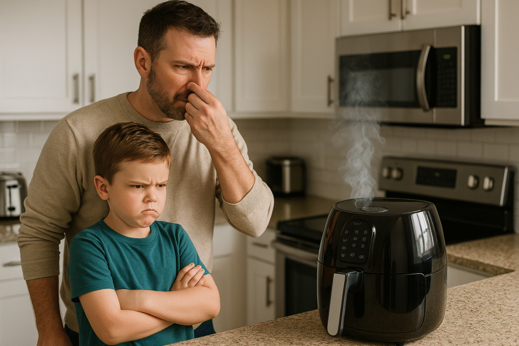 A father and young son in a modern kitchen react to a malfunctioning air fryer releasing smoke; the boy frowns with arms crossed, while the dad pinches his nose in frustration.