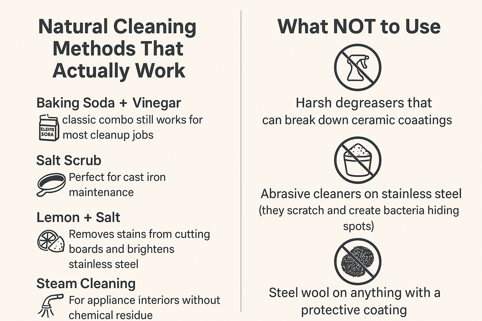 A clear, side-by-side infographic comparing effective natural cleaning methods like baking soda, vinegar, and lemon with harmful options to avoid, such as steel wool and harsh degreasers.