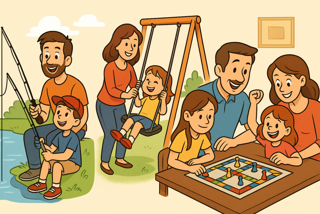 Cartoon collage of family activities: dad and son fishing at a lake, mom pushing daughter on a swing, and family playing a board game together — low-cost fun for large families.