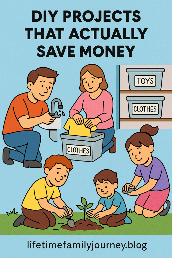 Cartoon infographic showing DIY money-saving projects for large families: dad fixing a faucet, mom organizing clothes in bins, and kids planting a garden.
