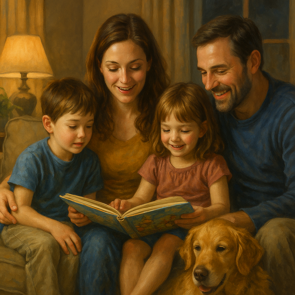 Photo-realistic digital painting of a cozy family reading scene: parents reading aloud to two children with a golden retriever at their feet in a warmly lit living room.