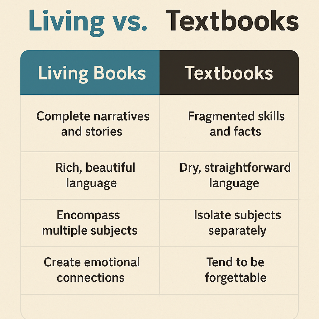 Infographic titled “Living Books vs Textbooks” showing differences: Living Books use complete stories, rich language, encompass multiple subjects, and create emotional connections; Textbooks fragment skills, use dry language, isolate subjects, and tend to be forgettable.