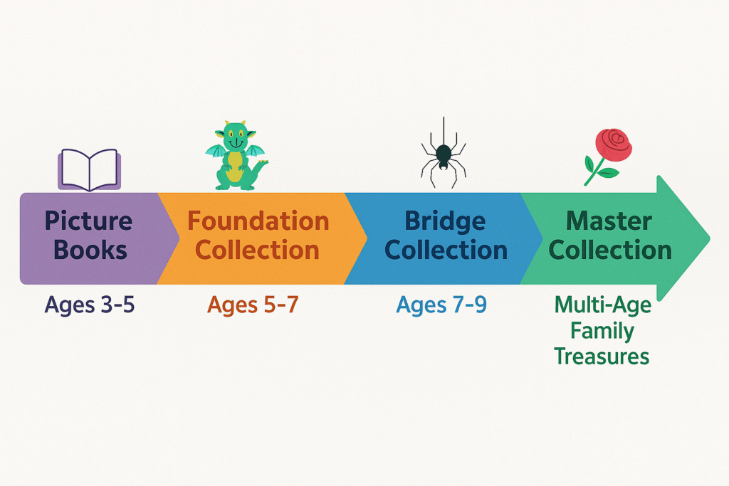 Infographic timeline showing reading growth stages: Picture Books (ages 3–5), Foundation Collection (ages 5–7), Bridge Collection (ages 7–9), and Master Collection (multi-age family treasures), with icons of book, dragon, spider, and rose.
