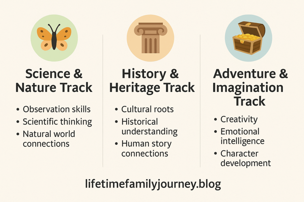 Horizontal infographic titled “3-Track Rotation System for Living Books” with three panels: Science & Nature (butterfly icon, observation skills, scientific thinking, natural world connections), History & Heritage (column icon, cultural roots, historical understanding, human story connections), Adventure & Imagination (treasure chest icon, creativity, emotional intelligence, character development). Footer branding: lifetimefamilyjourney.blog.