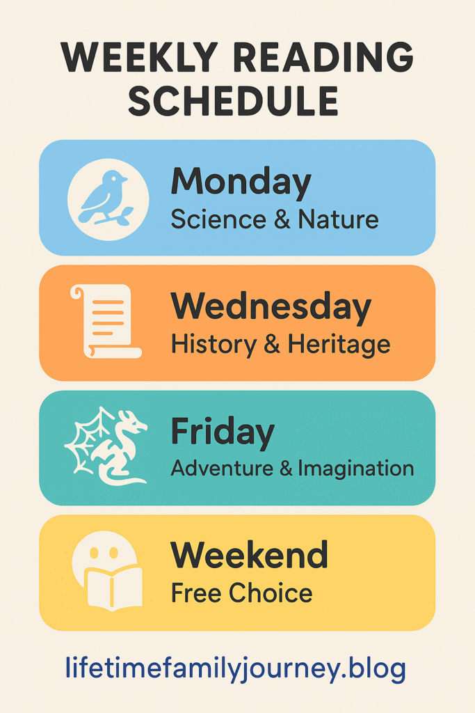 Colorful infographic titled “Weekly Reading Schedule” showing: Monday – Science & Nature (bird icon), Wednesday – History & Heritage (scroll icon), Friday – Adventure & Imagination (dragon icon), Weekend – Free Choice (smiley/book icon), with site branding lifetimefamilyjourney.blog.