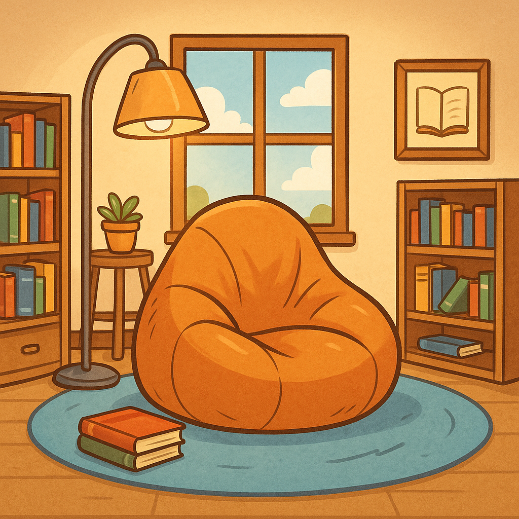 Digital illustration of a cozy children’s reading nook with an orange beanbag chair, bookshelves filled with colorful books, a warm floor lamp, and a soft blue rug under a sunny window.
