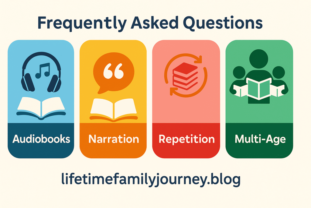 Colorful infographic banner titled “Frequently Asked Questions” with four icons: Audiobooks (headphones over book with music notes), Narration (speech bubble above book), Repetition (circular arrows around stacked books), and Multi-Age (parent and children holding books). Footer branding lifetimefamilyjourney.blog.