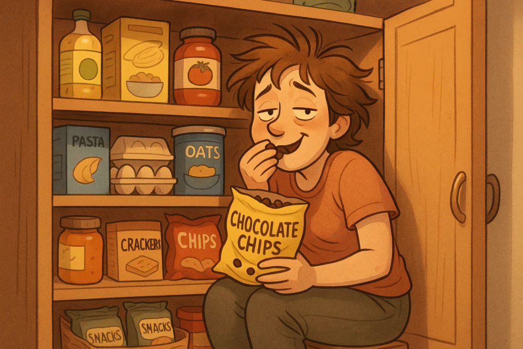 Parent hiding in pantry eating chocolate - parental self-care humor