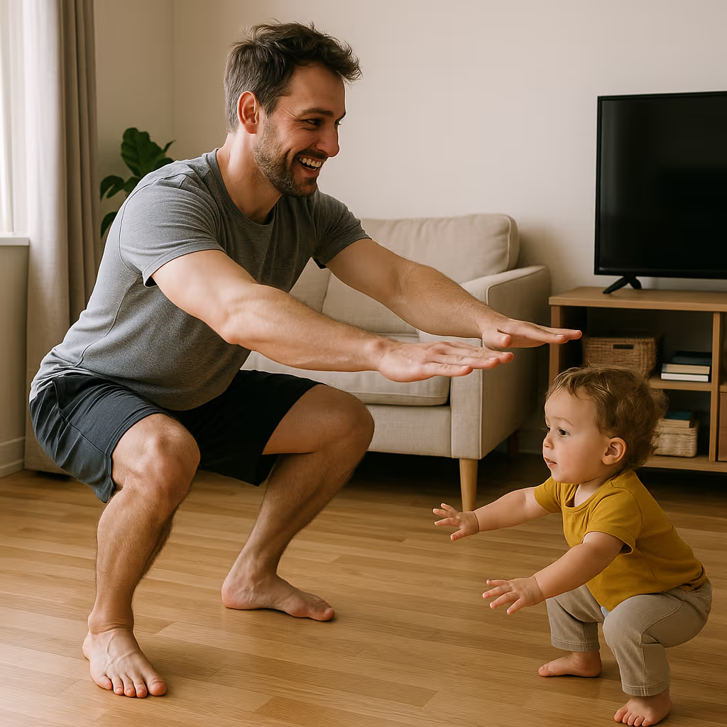 Parent exercising with young child at home as part of realistic self-care.