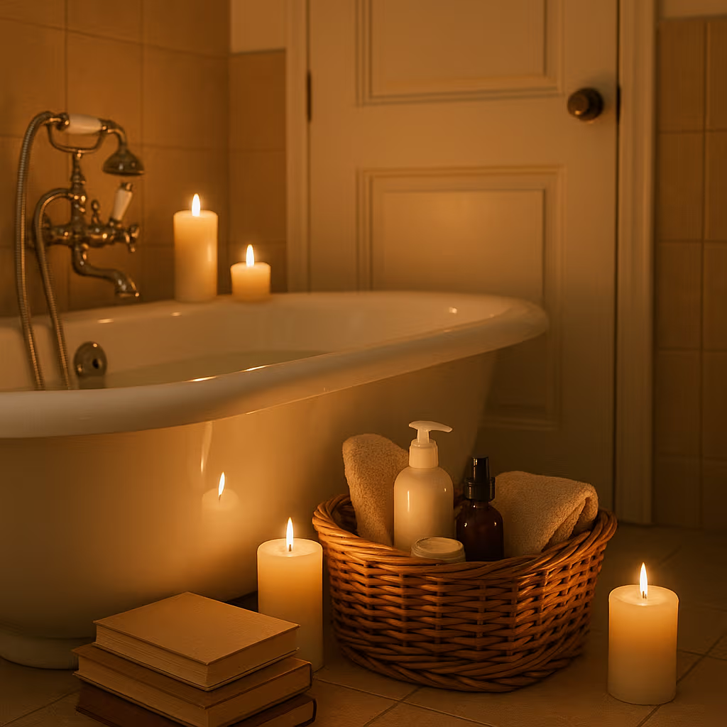 Bathroom turned into a parental self-care sanctuary with candles and books.