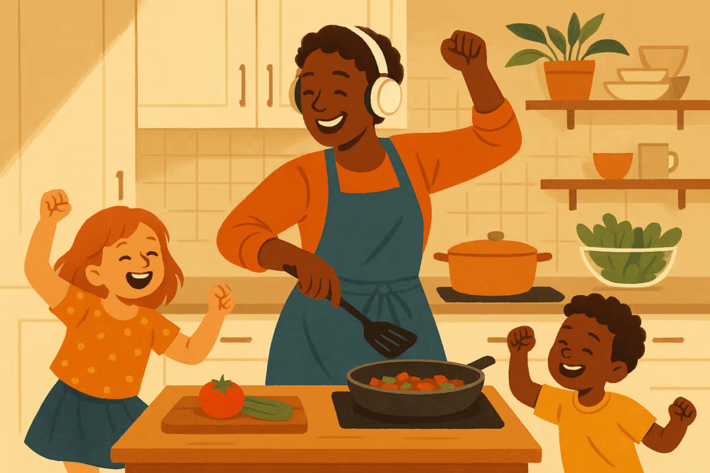 Parent enjoying a kitchen dance party while cooking, practicing playful self-care.