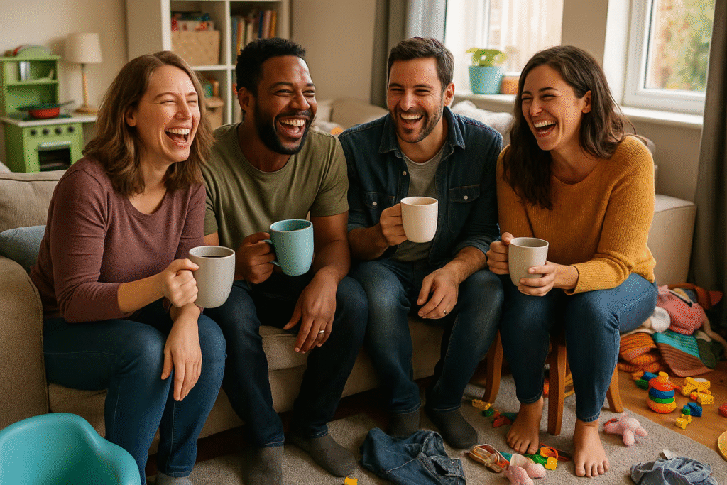 Supportive parent village sharing coffee and conversation in real life.