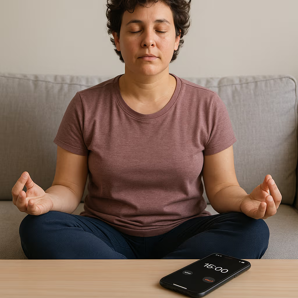 Parent using technology mindfully for digital self-care balance.
