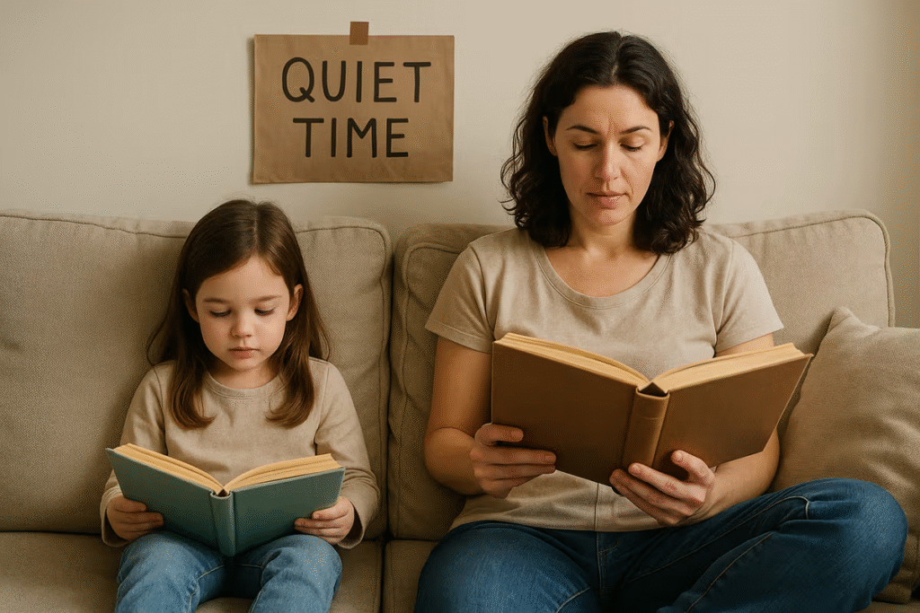 Parent modeling healthy self-care and quiet time habits with child.