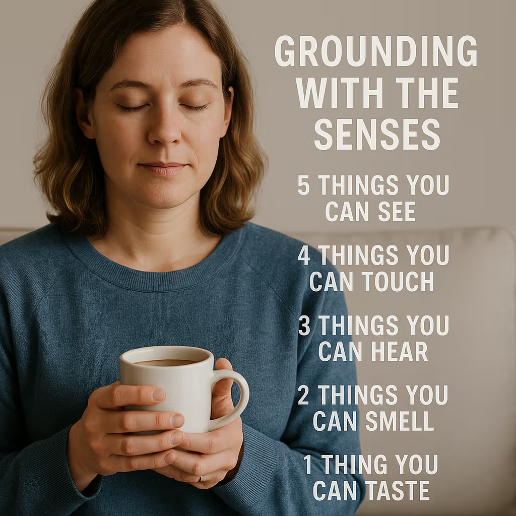 Parent practicing 5-4-3-2-1 grounding self-care technique during stressful moment.