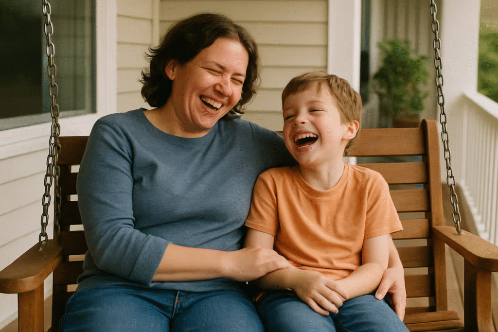 Parent practicing imperfect but joyful self-care while connecting with child.