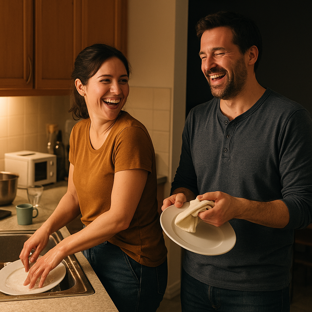 A husband and wife demonstrating marriage teamwork by laughing together in their kitchen at night while cleaning up, looking tired but happy.