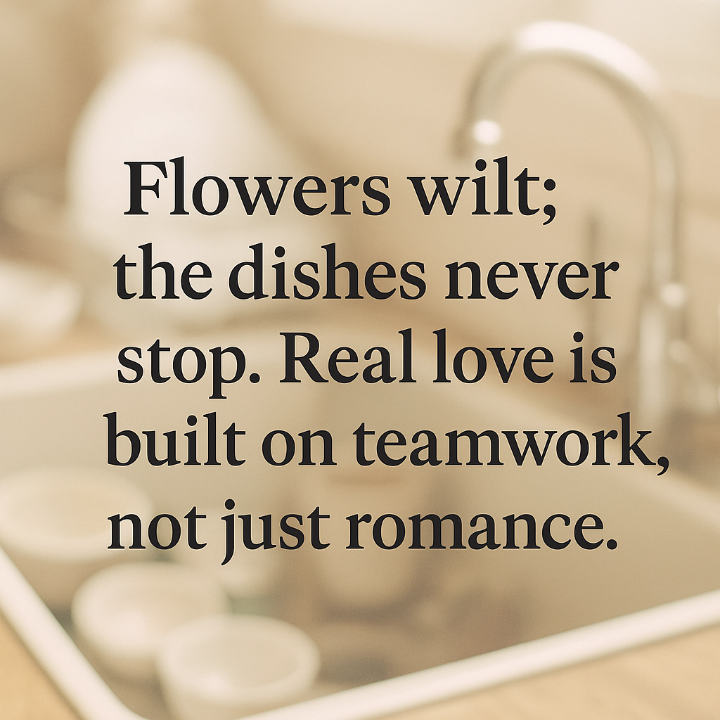 A quote graphic with a soft, blurred kitchen sink background that reads: “Flowers wilt; the dishes never stop. Real love is built on teamwork, not just romance.”