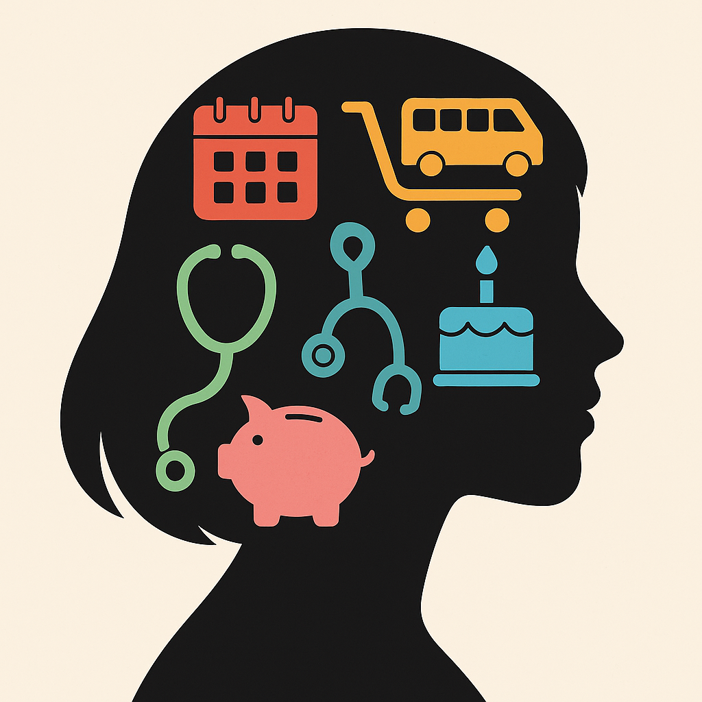 A woman’s profile silhouette filled with icons of tasks representing the mental load.