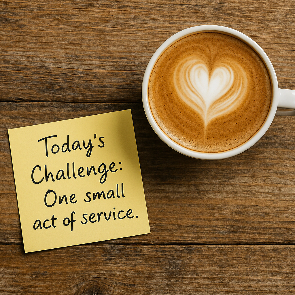 A flat-lay of a latte with heart foam and a sticky note reading “Today’s Challenge: One small act of service.”
