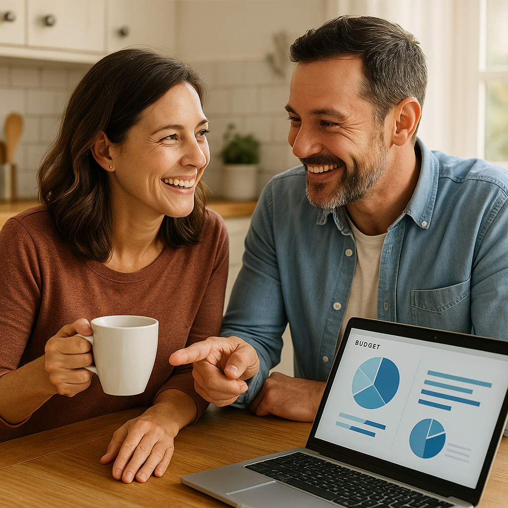 A couple smiling over a laptop and coffee as they review a family budget.