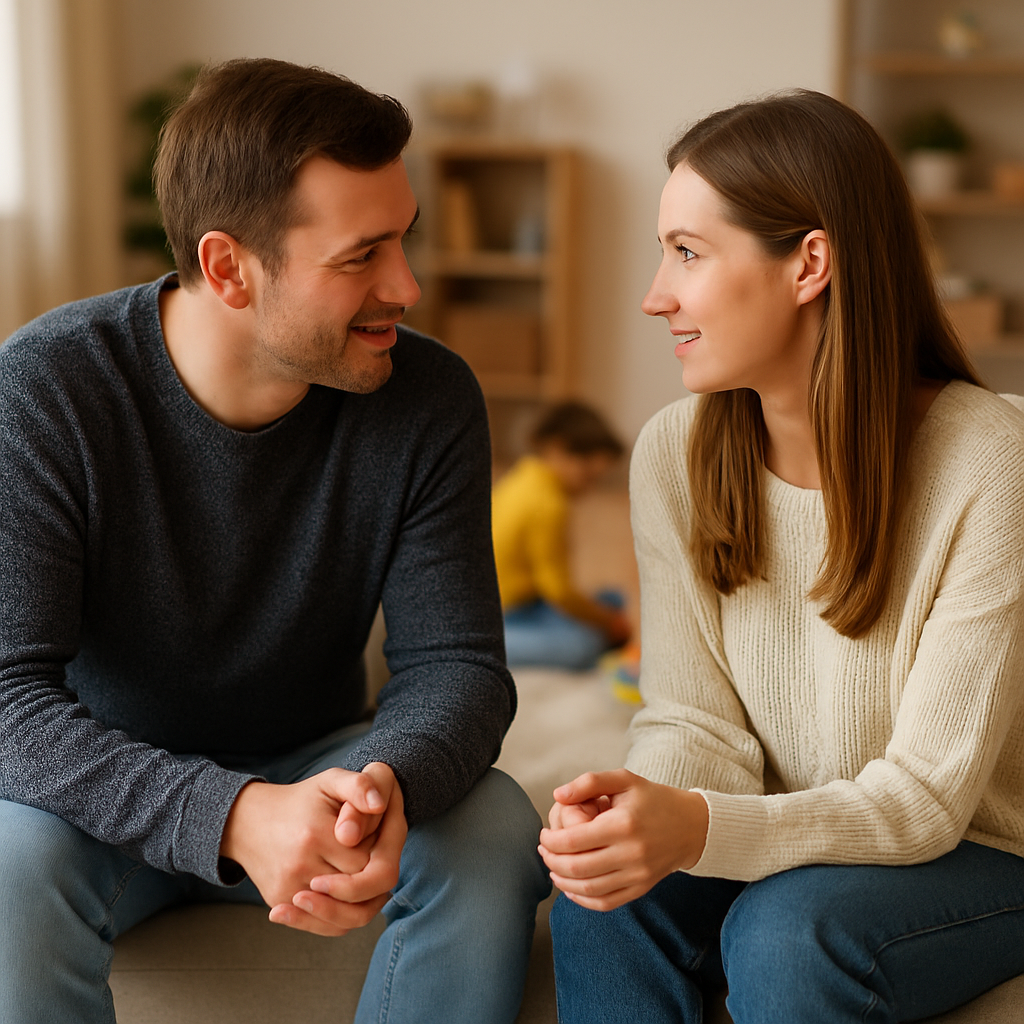 Parents talking calmly together on a couch with kids happily playing in the blurred background.