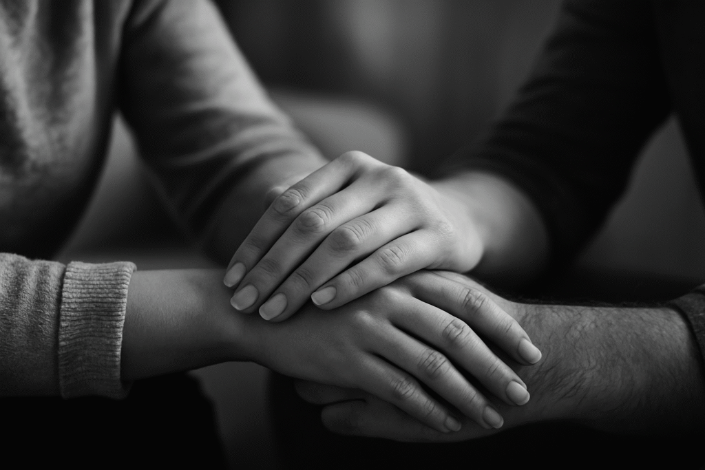 Close-up of one spouse placing a comforting hand on the other’s arm.