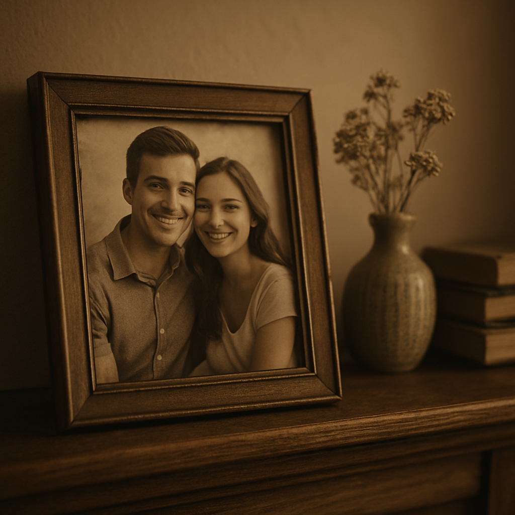 A worn framed photo of a young couple on a mantel, evoking nostalgia.