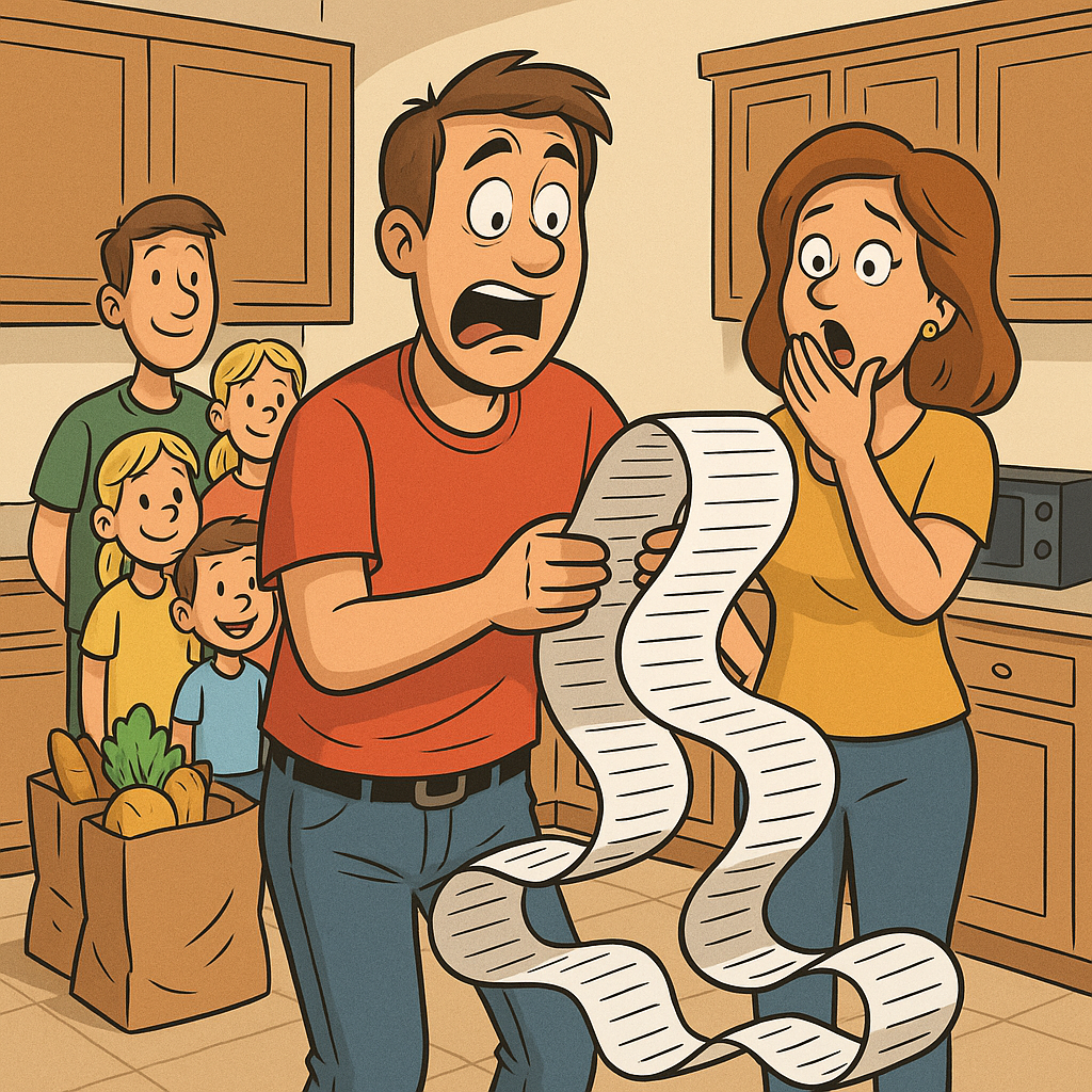 Cartoon of mom and dad shocked by an endless grocery receipt while their kids laugh in the background, symbolizing large family money hacks and rising costs.
