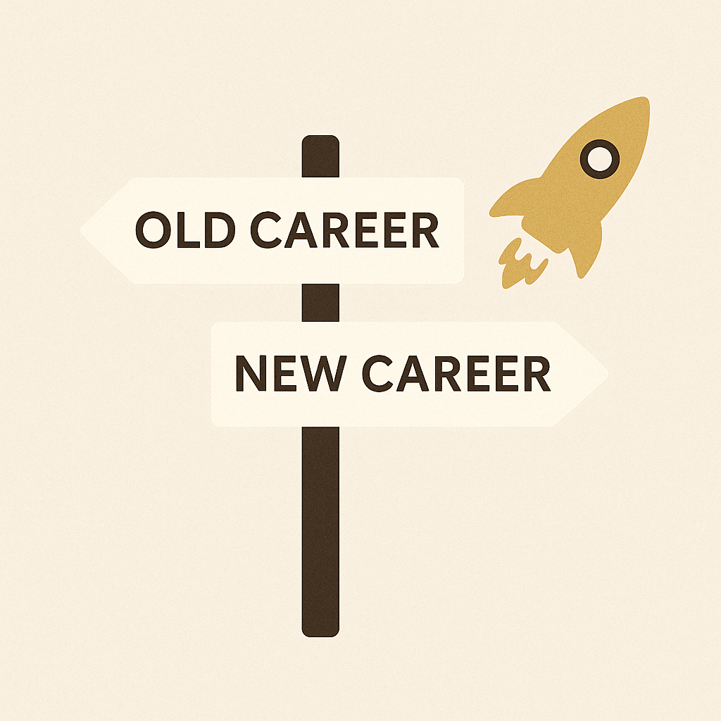 a directional road sign graphic: “Old Career → New Career.”