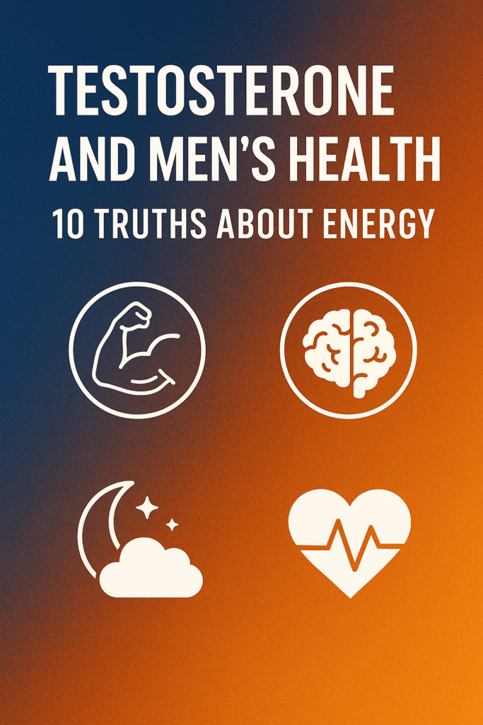 Infographic titled Testosterone and Men’s Health: 10 Truths About Energy, with icons for strength, brain, sleep, and heart on a blue-orange gradient background.