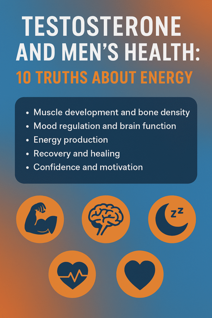 Infographic listing testosterone’s functions: muscle development, mood regulation, energy production, recovery, and confidence, with icons for each.