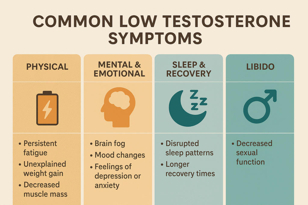 Infographic titled Common Low Testosterone Symptoms showing four categories: Physical (fatigue, weight gain, muscle loss), Mental & Emotional (brain fog, mood changes, depression/anxiety), Sleep & Recovery (poor sleep, long recovery), and Libido (decreased sexual function).