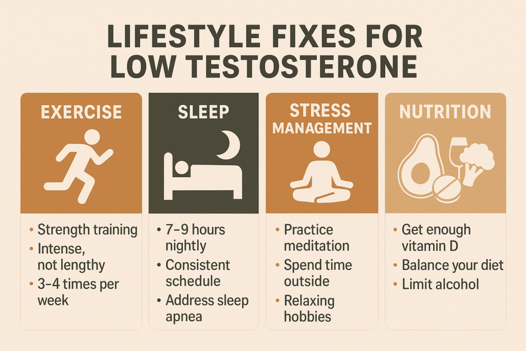Infographic titled Lifestyle Fixes for Low Testosterone showing four categories: exercise (strength training), sleep (7–9 hours nightly, consistent schedule), stress management (meditation, outdoor time, hobbies), and nutrition (vitamin D, balanced diet, limit alcohol).