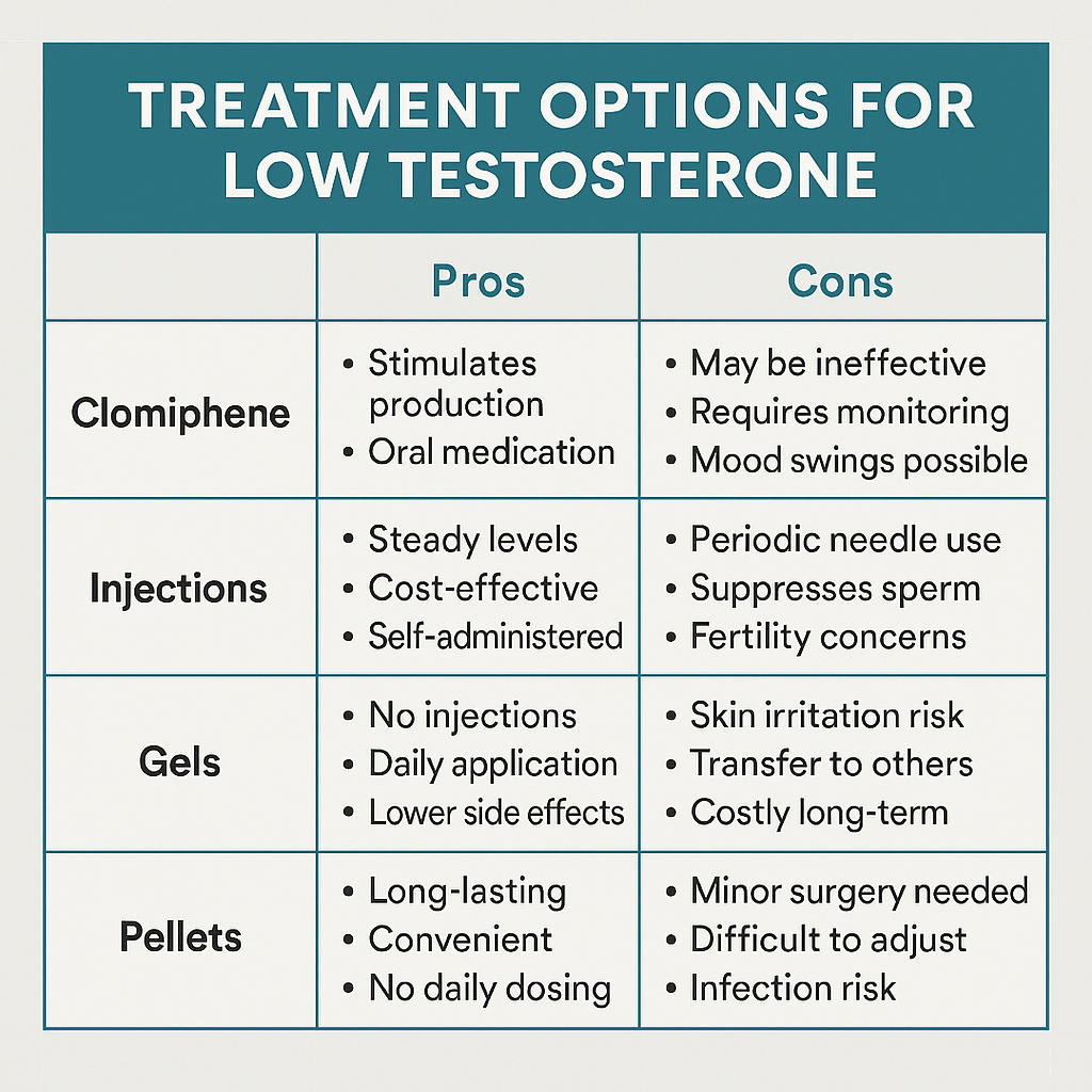 Comparison chart of treatment options for low testosterone showing pros and cons of Clomiphene, Injections, Gels, and Pellets.