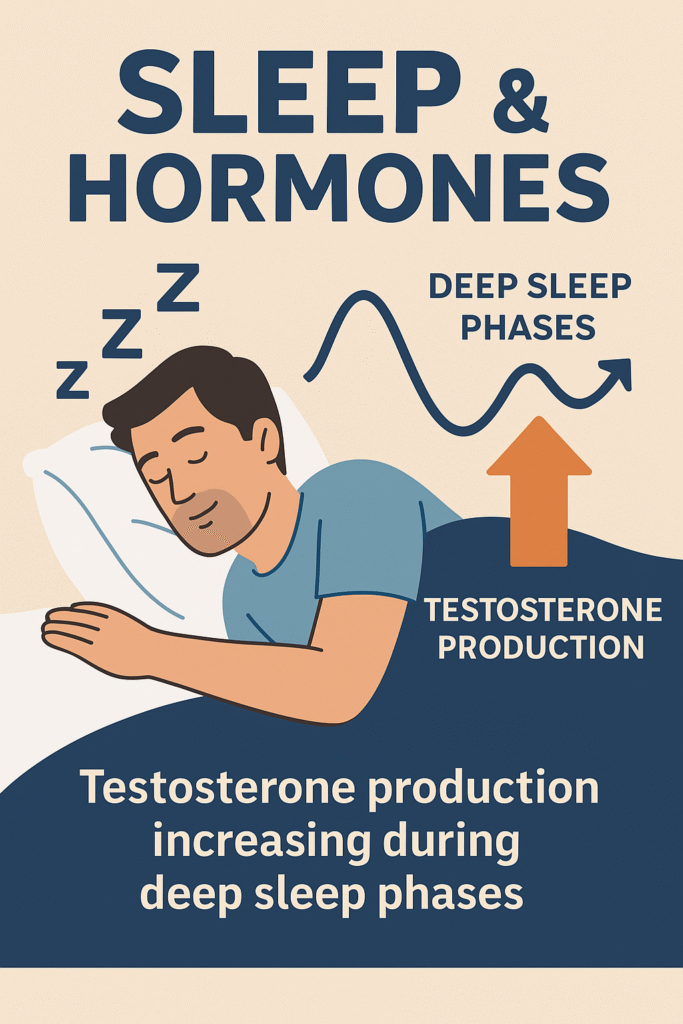Infographic showing a man sleeping with arrows and a wave line representing deep sleep phases and increased testosterone production.