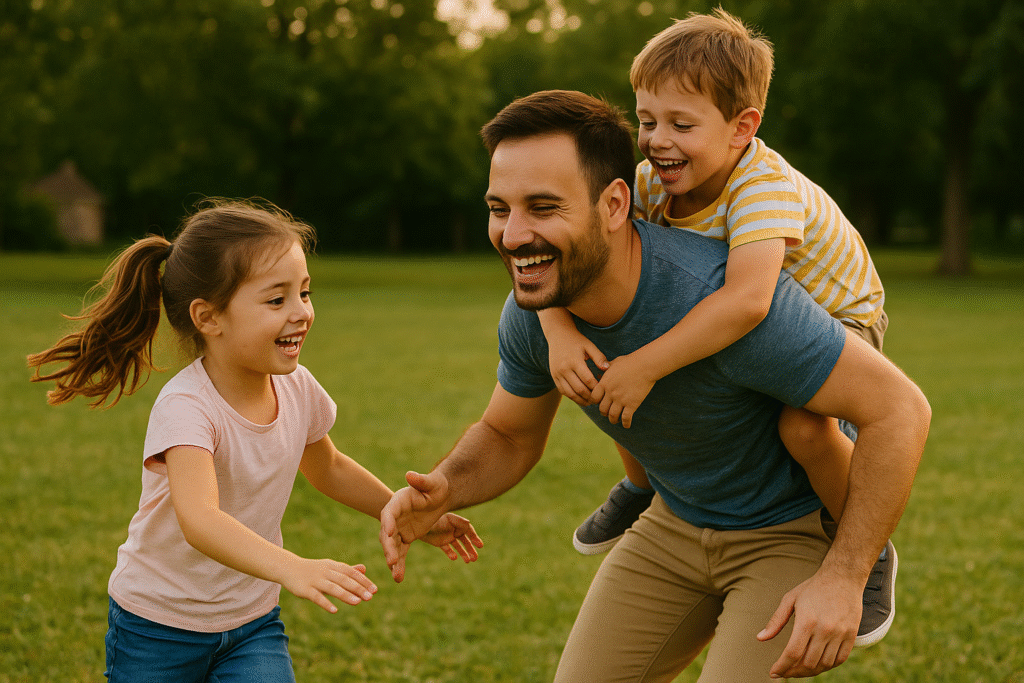 Father smiling and playing with his children outdoors, symbolizing energy, vitality, and the benefits of balanced hormone health.