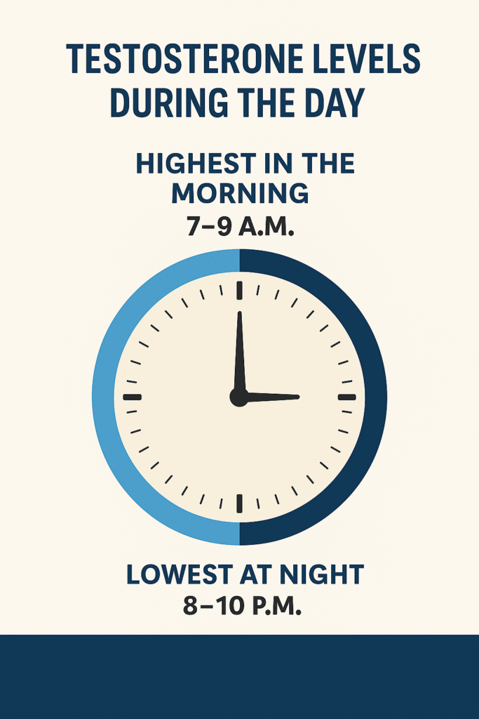 Clock infographic titled Testosterone Levels During the Day, showing testosterone highest between 7–9 a.m. and lowest between 8–10 p.m.