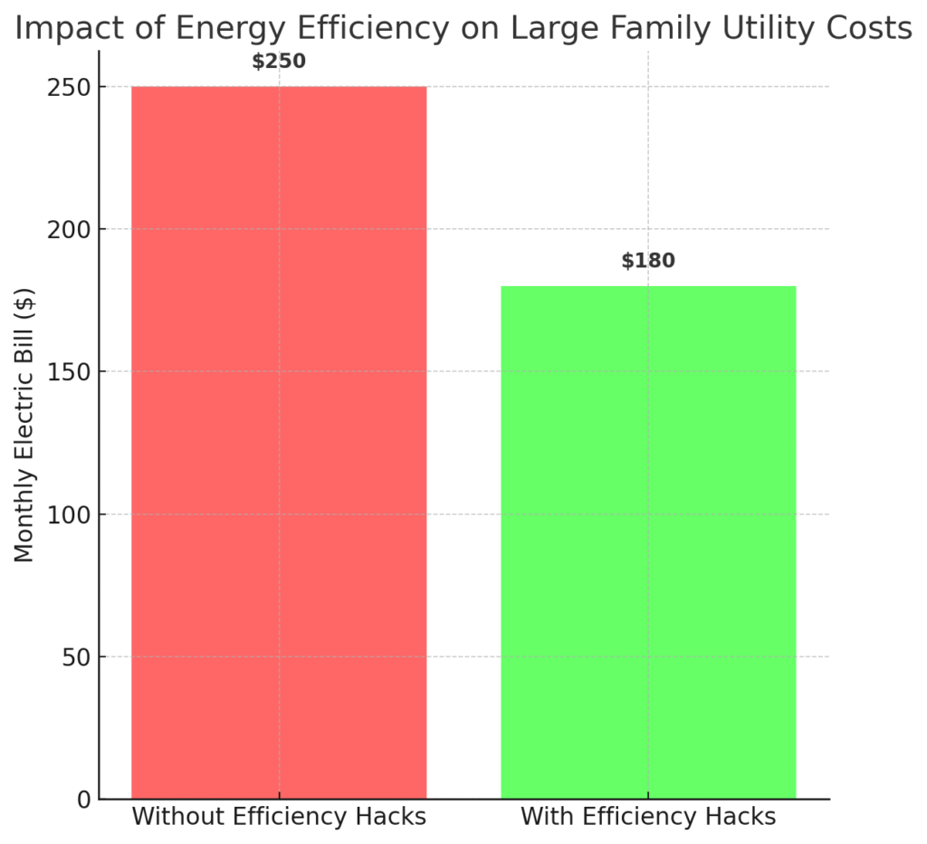 Bar chart showing monthly electric bills for large families: $250 without efficiency hacks vs $180 with simple efficiency improvements.