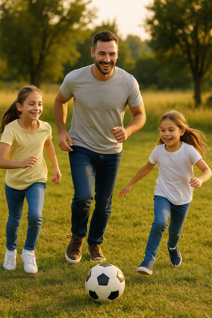 Father playing soccer with his two young daughters outdoors in the evening sun, symbolizing vitality, energy, and family life supported by good health.