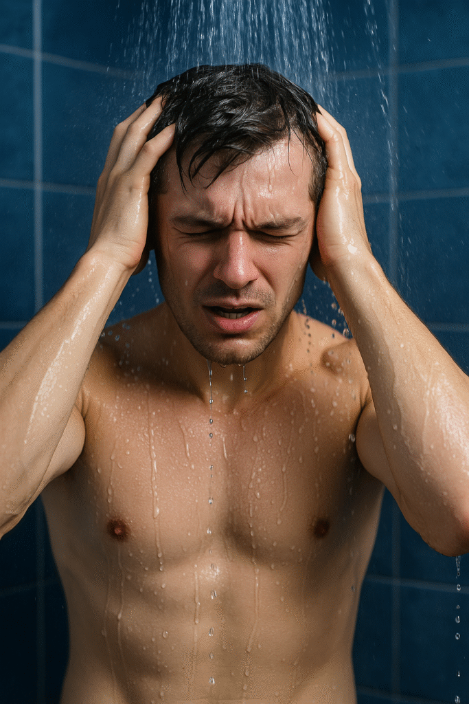 Person taking a cold shower, symbolizing energy boost and wellness benefits.