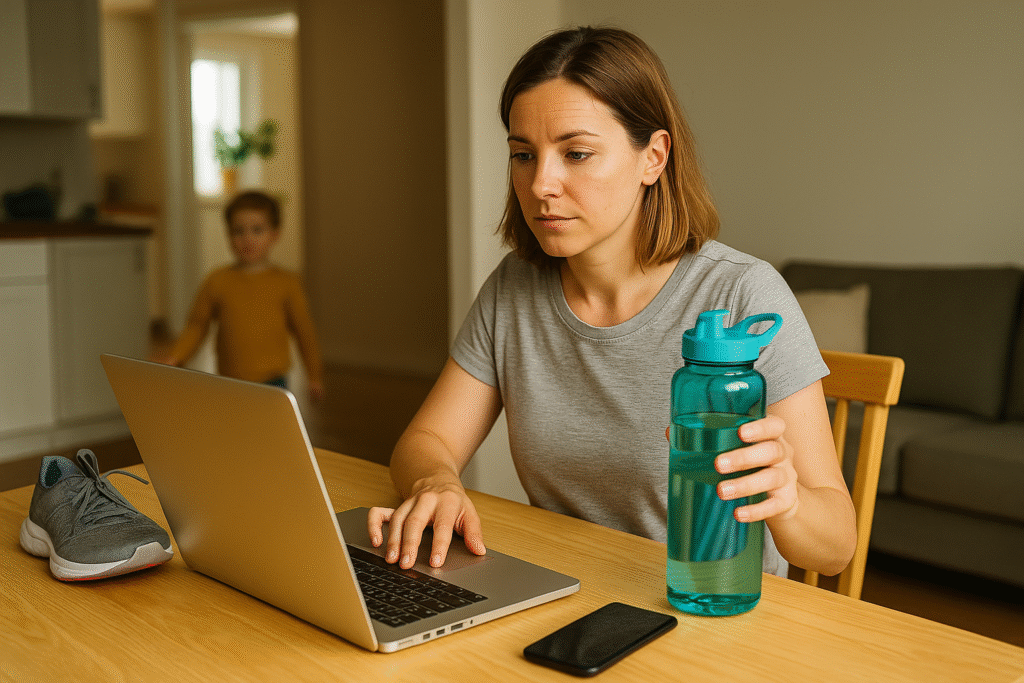 Busy parent balancing wellness habits with family life.